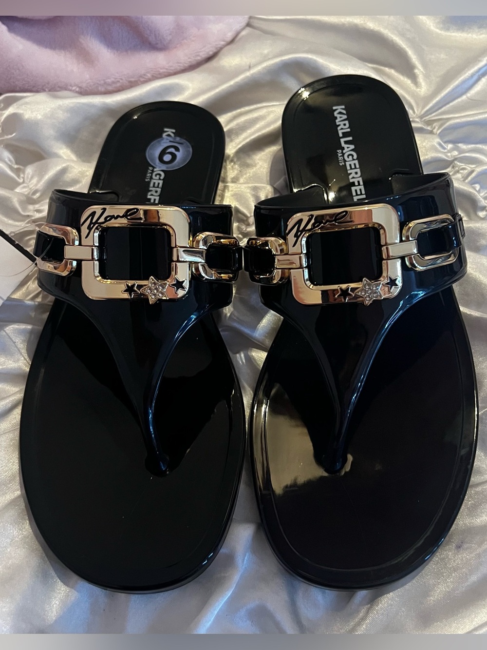 Karl Lagerfeld Black Patent Thong Sandals with Gold Hardware